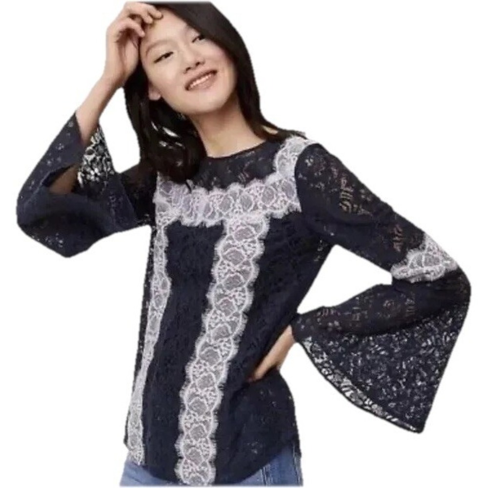 LOFT Navy Blue Lace Bell Sleeve Blouse with White Lace Trim
